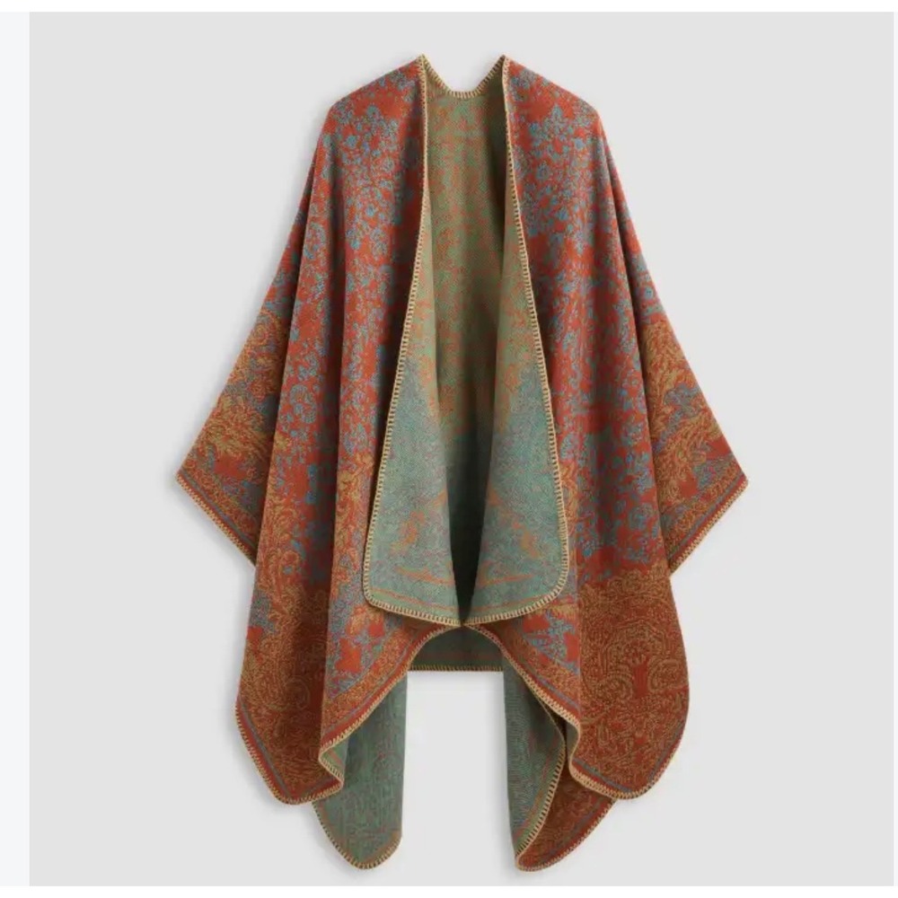 Cider Rust Teal Floral Jacquard Open Front Shawl Wrap Poncho Whipstitch Trim
